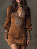 Amalia | Vintage Brown Suede Mini Dress with V-Neck and Floral Embroidery