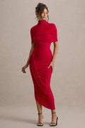 Taylor - Elegant Red Asymmetric Maxi Dress with Cape